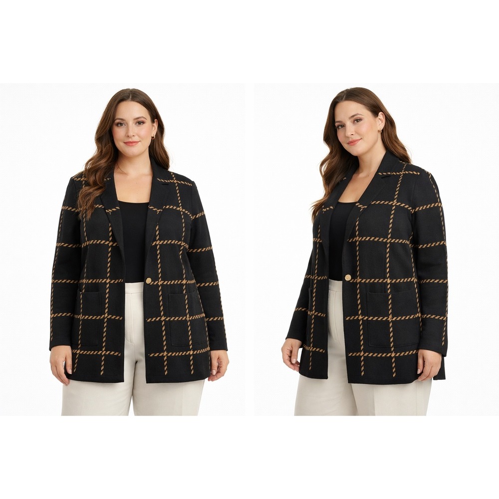 Anne Klein Women Black Camel Windowpane Plaid Knit Blazer Cardigan XL 10882697